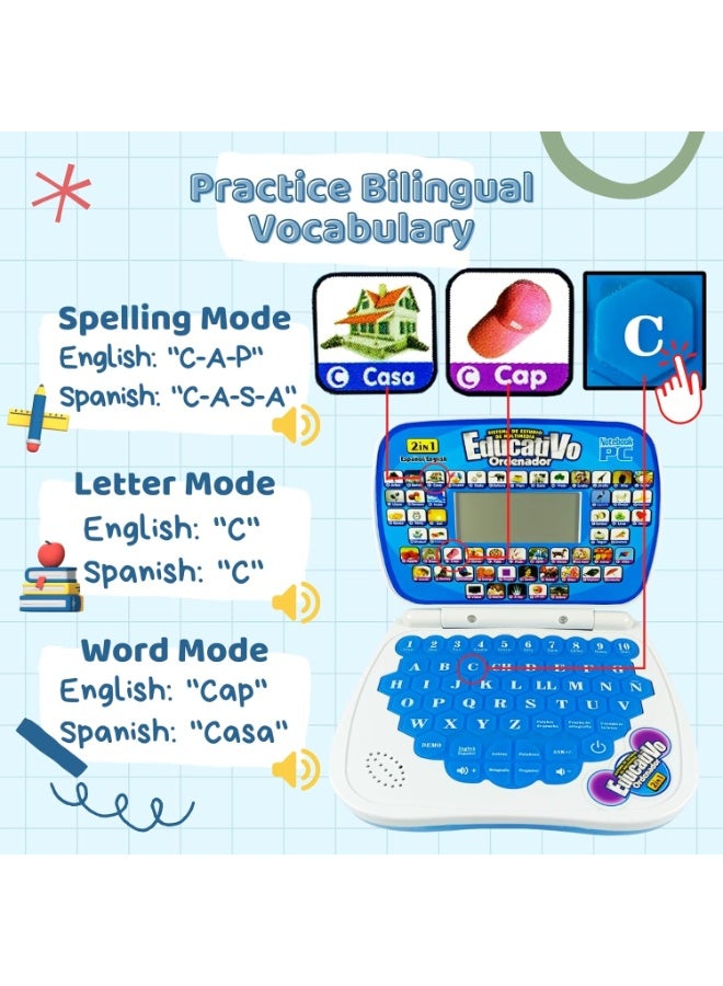 Interactive Bilingual Spanish and English Learning Laptop Toy for Kids Ages 2, 3, 4 Years Old, Educational Smart Electronic Learning Computer for Toddlers, Teach Alphabet, Numbers, Words, Spelling, Math, Addition and Subtraction, Pretend Play Laptop Toy, Interactive Games and Quizzes to Develop Memory, Reasoning, Sociability, Reading Skills, Writing Skills, Bilingual Language Development, Music, Dance, Spanish Nursery Rhymes, Fun and Educational Electronic Learning Device for Preschool Kids, Enhance Problem-Solving, Cognitive Skills, Fine Motor Skills, Imaginative Play, Language Learning, Toddlers Educational Interactive Toy Laptop. - Image 4
